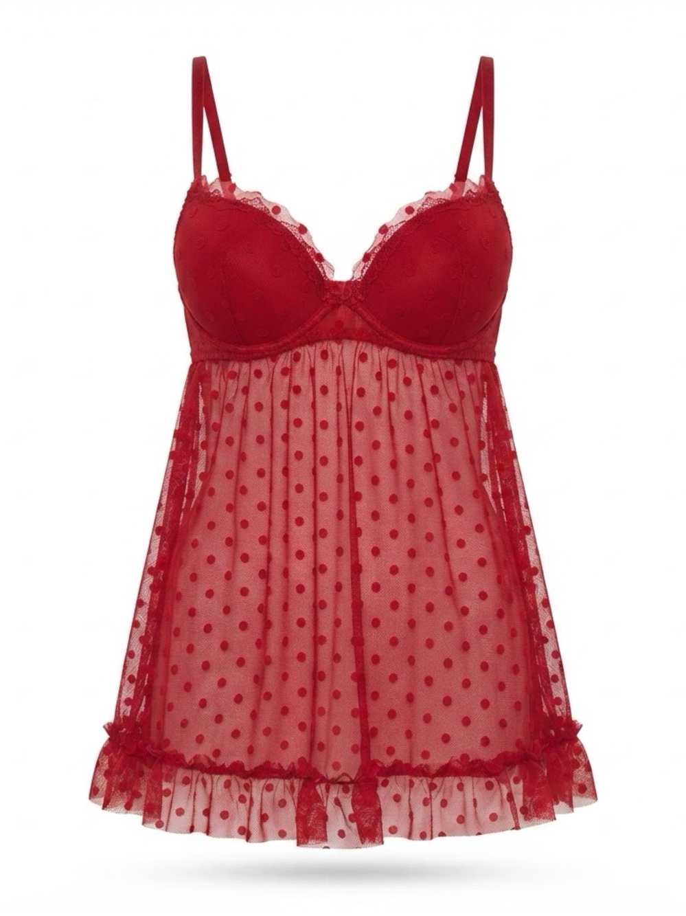 Sheer Red Polka-Dot Babydoll Chemise with Lace Trim